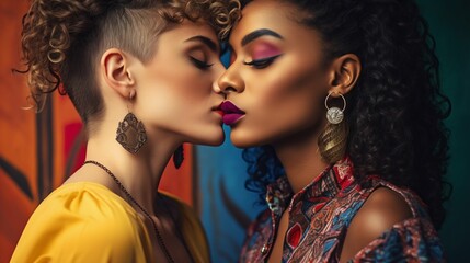 Obraz premium Passionate Kiss Between Diverse LGBT Women. Generative ai