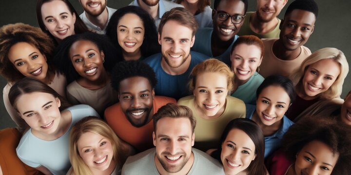 Aerial View of Smiling Multi-Ethnic Group Looking Up. Generative ai