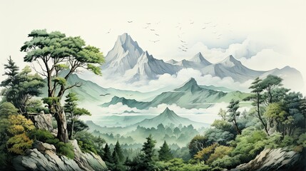 Watercolors of fantastic landscapes of mountains in the tropical jungle.