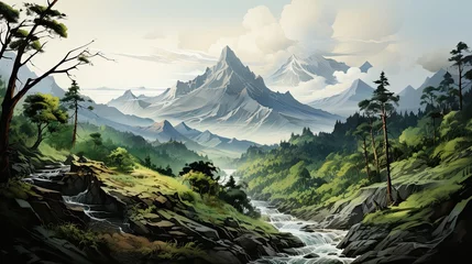  Watercolors of fantastic landscapes of mountains in the tropical jungle. © Ramon Grosso