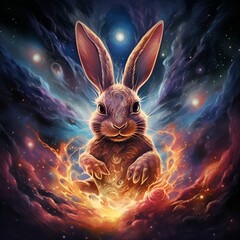 Rabbit with fire in the night sky, 3d illustration. AI.