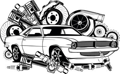 Muscle cars line art. Automotive vector illustration. Vintage sports car design for label, badge, advertisement or sign.
