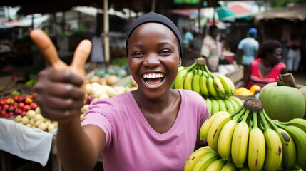 Smiling african banana seller  - obrazy, fototapety, plakaty