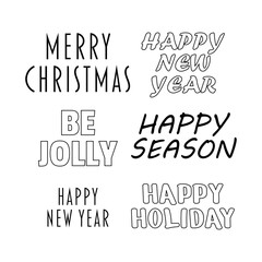 Set of Christmas text happy new year, holiday, be jolly, merry christmas. Winter holiday elements.