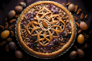 a pie covered with nuts, cinnamon and sugar, in the style of art deco designer, light gold and gray, calotype, light violet and dark orange, medieval, shaped. Galette des rois- epiphany cake and crown - obrazy, fototapety, plakaty