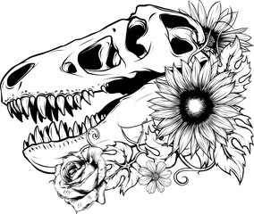 tyrannosaurus rex Dinosaur head in black and white outline vector illustration