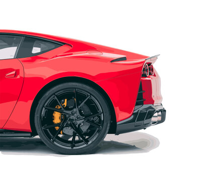 Sport car Ferrari icon. Editorial red sport car Ferrari 812 superfast. Red Ferrari 812 superfast auto icon. Rear wheel view of auto. Isolated sport car view. Vector icon