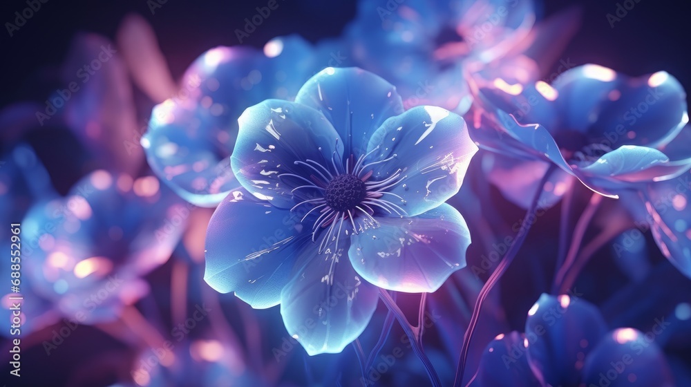 Poster fantasy surreal flowers. futuristic floral wallpaper with iridescent holographic flowers, neon glow.