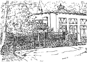 Ink drawing of a city house with a courtyard and a garden surrounded by a fence made of stones with a wicker top made of twigs and a wooden gate