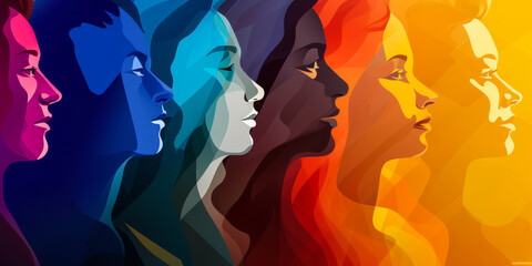 Fototapeta na wymiar Diverse silhouettes of human heads in profile in a rainbow of colors representing unity in diversity and inclusion across the spectrum