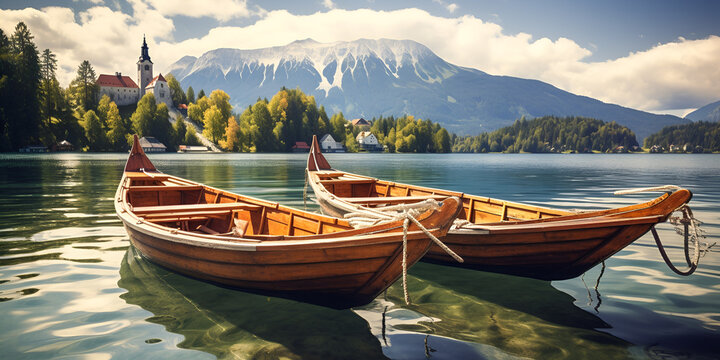 boats on lake,Bled, Slovenia. Great Slovenian nature - lake Bled. Amazing landscape - traditional Pletna boats at autumn background. Lake bled is famous place and popular European travel destination,