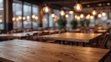 empty wooden table with blurred restaurant interior