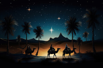 The Three Magi King of Orient, The Three Wise Men Illustration, Melchior, Caspar and Balthasar, Epiphany Celebration, Three Kings at night in the desert,christmas card