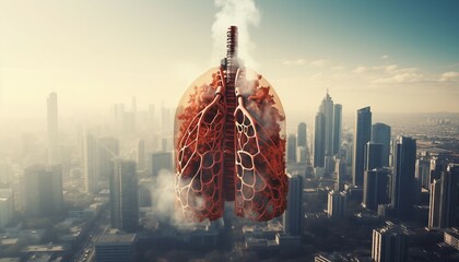 Lung disease frome smoking , Human lungs and smoking city background. 3d rendering toned image double exposure - obrazy, fototapety, plakaty