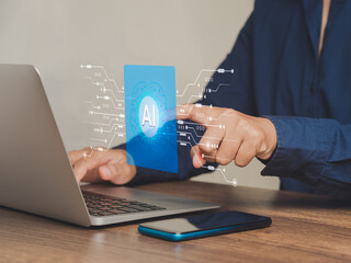 Young man using technology AI for working tools.