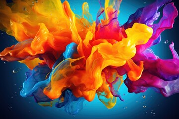 Liquid explosion of colorful paint on dark background, rainbow burst of colors in motion, creating dynamic and fluid effect