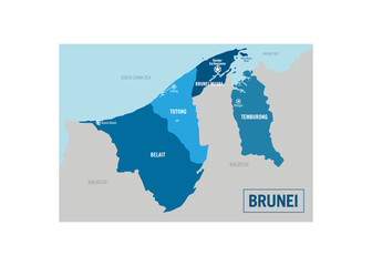Brunei country political map. Detailed vector illustration with isolated provinces, departments, regions, cities, islands and states easy to ungroup.