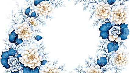 White and blue floral vector pattern with a frame, place card and a watercolor flower
