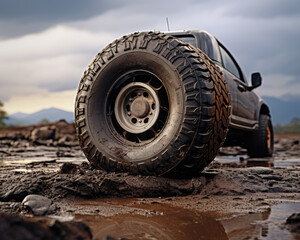 Fototapeta na wymiar Muddy Mastery, Tire Triumph in Off-Road Adventures, 