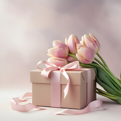 Gift box with long pink ribbon and tulips on light background