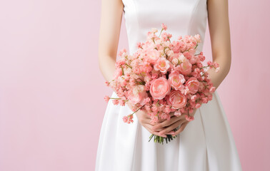 bride holding bouquet of pink flowers