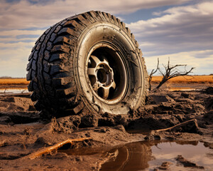 Fototapeta na wymiar Muddy Mastery, Tire Triumph in Off-Road Adventures, 