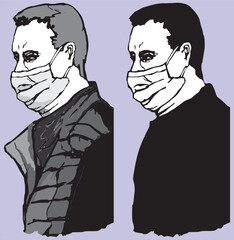 Grayscale portrait of an adult man in a black jacket of a medical mask on her face. Vector image in grascale and separately silhouette. 
