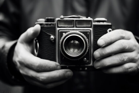 Hands holding vintage camera, black and white photo. Camera is made of metal and leather, with buttons and dials on it.