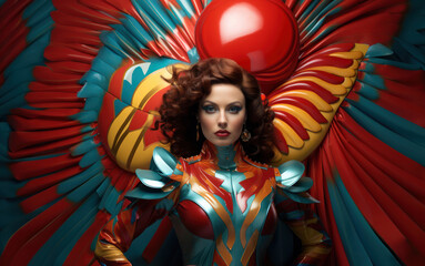  a female superhero on a colored background, generative AI