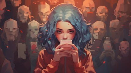 Generative ai Illustration of a sad girl, smartphone in hand, monsters around, representing the struggle against cyberbullying and mental health issues. 