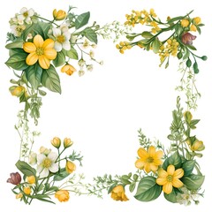 Frame with yellow flowers and leafs on white background.