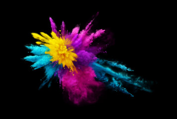 Explosion of yellow, aqua, pink and purple powder on black background