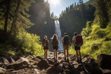 A group of friends hike to a waterfall during a summer adventure, aiming for a refreshing destination amidst nature's beauty and shared experiences - obrazy, fototapety, plakaty