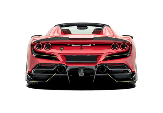 Sport car Ferrari F8 Soft Kit. Editorial red sport car Ferrari F8 Soft Kit. Red Ferrari F8 Soft Kit auto icon. Rear view of racing auto. Isolated sport car view. Vector icon