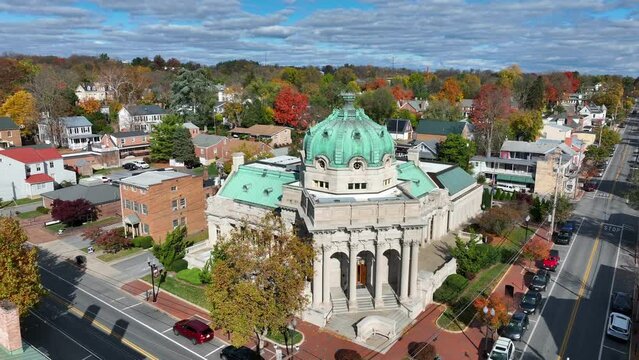 Handley Library in downtown Winchester, VA. Aerial view of downtown in autumn.