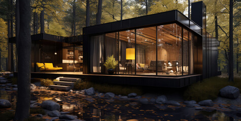 modern cabin cabin in the forest with outdoor lounge