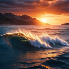Fototapeta na wymiar Peaceful sea waves with sunset generative ai