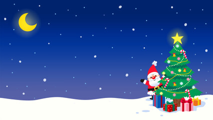 Celebrate Christmas night background vector illustration. Christmas tree and Santa Claus with copy space