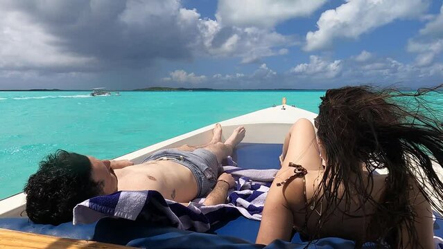 Rest on a boat on honeymoon in Bora bora in Tahiti