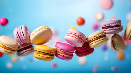 Obraz premium Delicious assorted floating macarons with vibrant colors and sugar dust against a soft blue background with defocused candy orbs