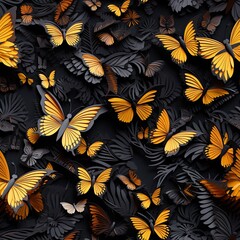 seamless pattern with yellow and black butterflies on a dark background