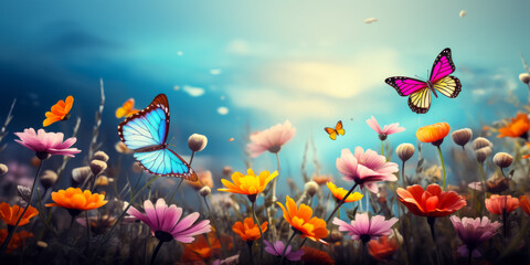 Fototapeta na wymiar Vibrant butterflies of various colors fluttering above a field of colorful wildflowers under a sunny sky with soft clouds, symbolizing spring and the beauty of nature
