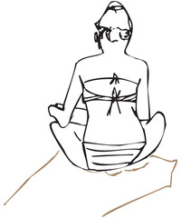 Drawing a girl reading on the beach, a view from the back. Hand made  sketch, vector image