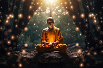 Asian monk meditating in nature with glowing chakra light