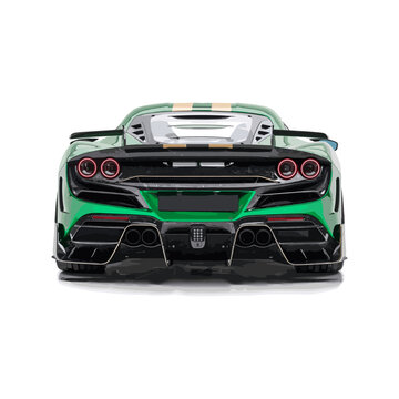 recommend clip art: Ferrari green sport car icon. Green Ferrari Mansory F8XX auto icon. Editorial green sport car Ferrari Mansory F8XX. Rear view of racing auto. Isolated sport car view. Vector icon