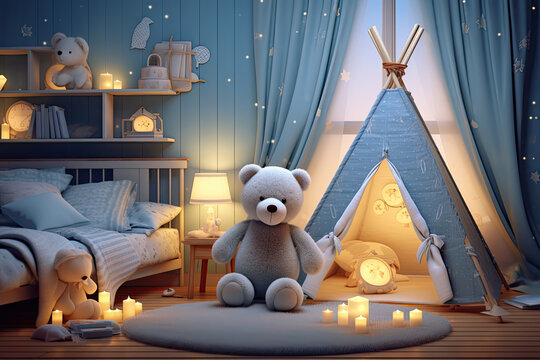 Cozy Children's bedroom at night with toys, teddy bear and a tent, pastel blue tone