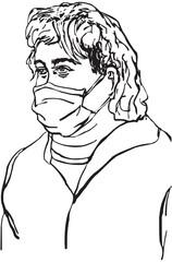 A portrait of an adult woman in a jacket; with the bleached blonde hair and a medical mask on her face. A hand made line art