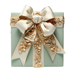 Light green gold gift box with creamy white bow and flowers for birthday or Christmas