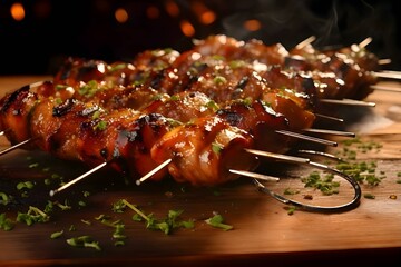 Shish kebab on the grill, grilled meat with vegetables, shashlik kebab on skewers wooden kitchen...