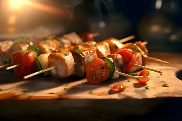 Shish kebab on the grill, grilled meat with vegetables, shashlik kebab on skewers wooden kitchen...